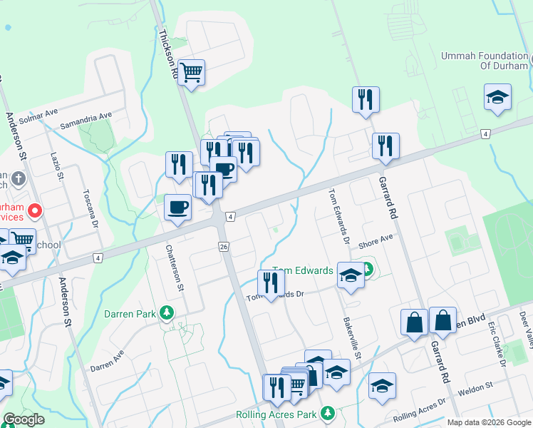 map of restaurants, bars, coffee shops, grocery stores, and more near 126 Cathedral Drive in Whitby