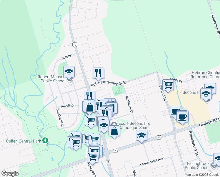 map of restaurants, bars, coffee shops, grocery stores, and more near 91 Harrongate Place in Whitby