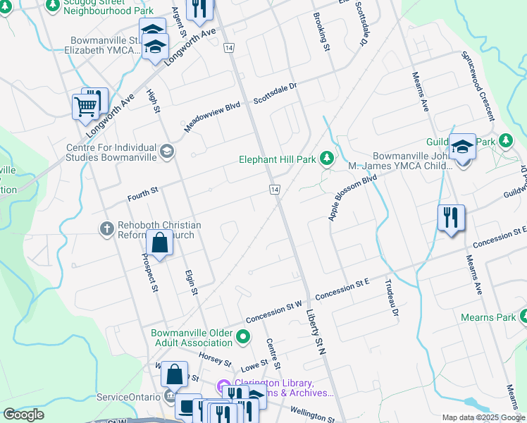 map of restaurants, bars, coffee shops, grocery stores, and more near in Bowmanville