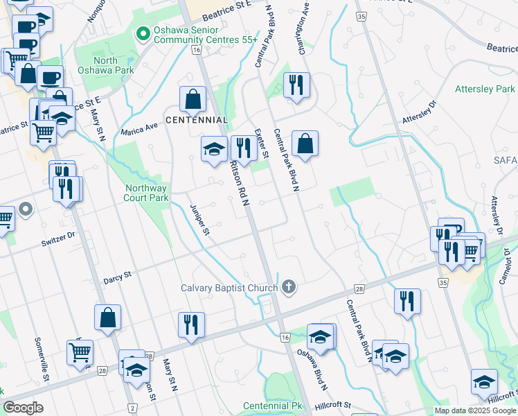 map of restaurants, bars, coffee shops, grocery stores, and more near 266 Darcy Street in Oshawa