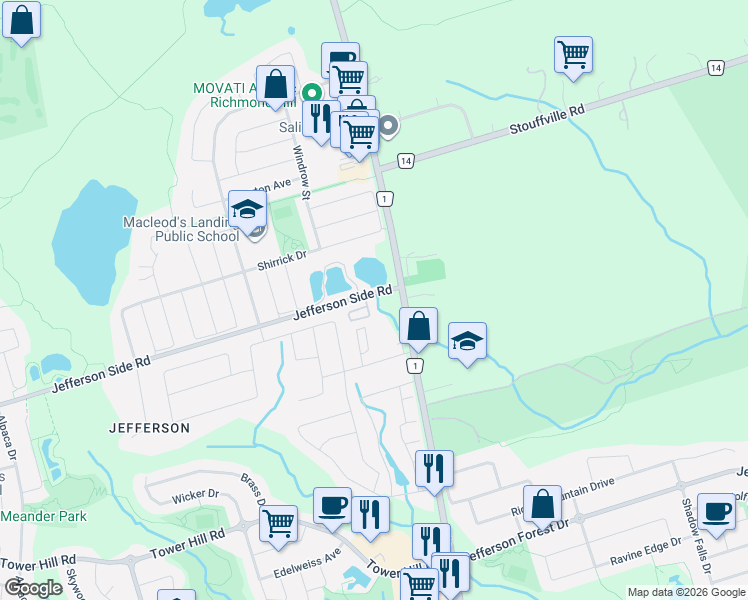 map of restaurants, bars, coffee shops, grocery stores, and more near 39 Jefferson Side Road in Richmond Hill