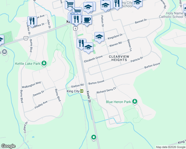 map of restaurants, bars, coffee shops, grocery stores, and more near 29 Patricia Drive in King City