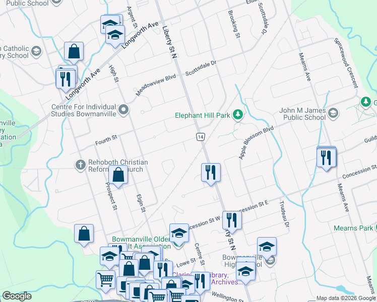 map of restaurants, bars, coffee shops, grocery stores, and more near 7 Bernard Street in Bowmanville
