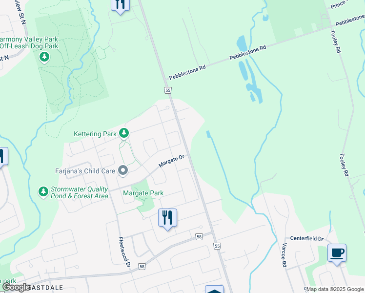 map of restaurants, bars, coffee shops, grocery stores, and more near 1339 Wadebridge Crescent in Oshawa