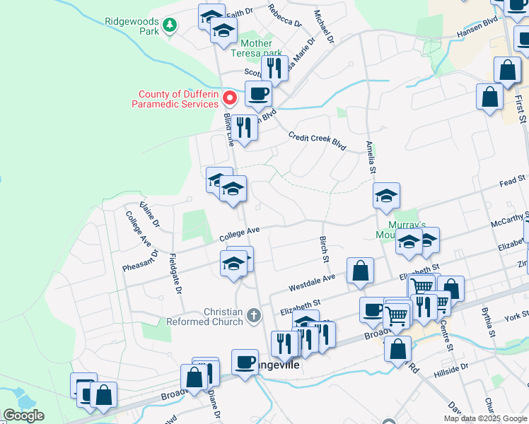 map of restaurants, bars, coffee shops, grocery stores, and more near 428 A College Avenue in Orangeville