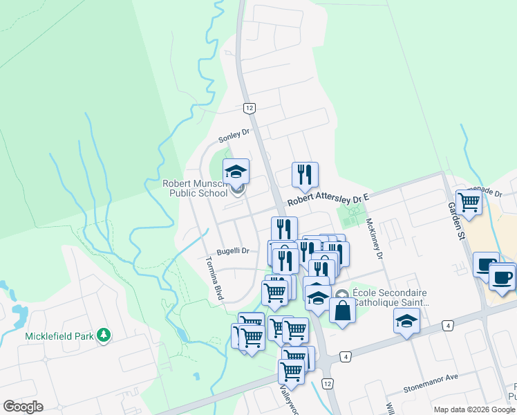 map of restaurants, bars, coffee shops, grocery stores, and more near 14 Robert Attersley Drive West in Whitby