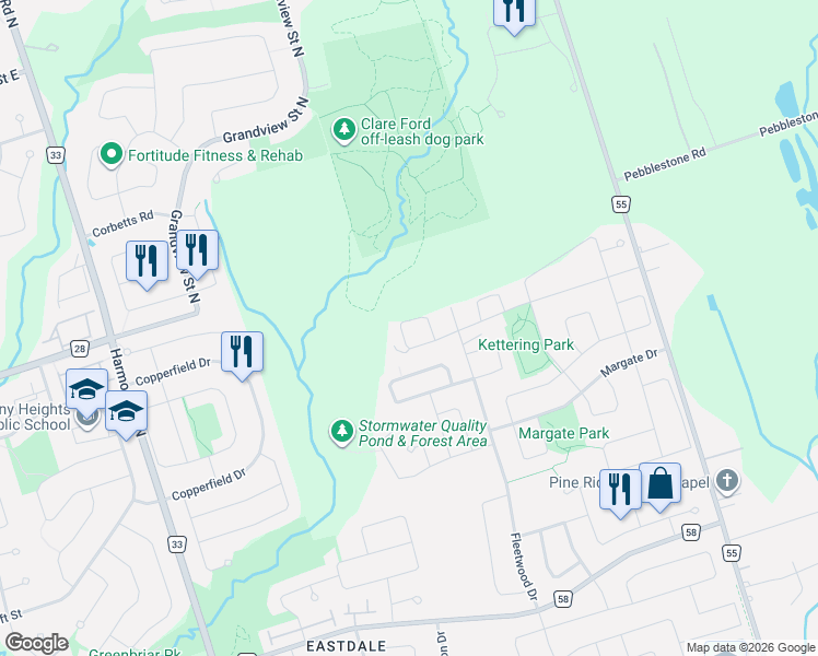 map of restaurants, bars, coffee shops, grocery stores, and more near 1208 Jim Brewster Circle in Oshawa