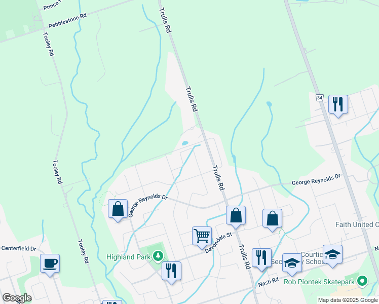 map of restaurants, bars, coffee shops, grocery stores, and more near 134 Mallory Street in Courtice