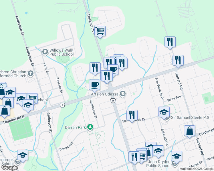 map of restaurants, bars, coffee shops, grocery stores, and more near 710 Taunton Road East in Whitby