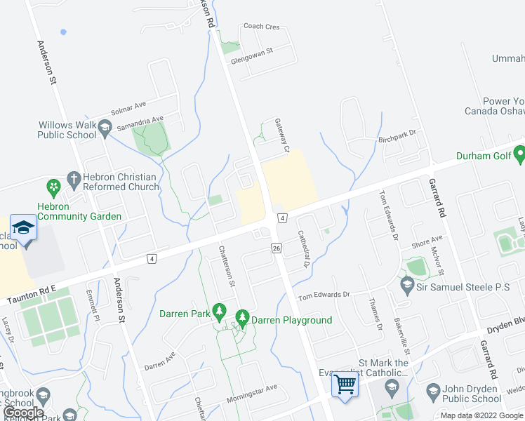 map of restaurants, bars, coffee shops, grocery stores, and more near 710 Taunton Road East in Whitby