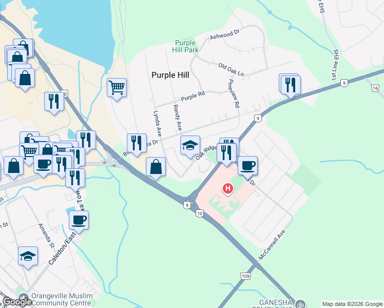 map of restaurants, bars, coffee shops, grocery stores, and more near 23 Clarke Avenue in Orangeville