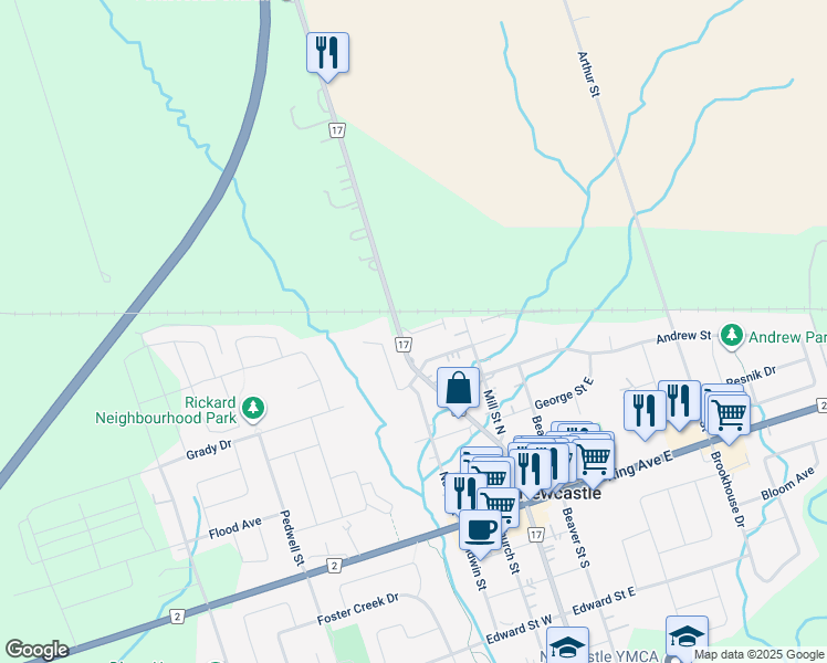 map of restaurants, bars, coffee shops, grocery stores, and more near 396 Mill Street North in Newcastle
