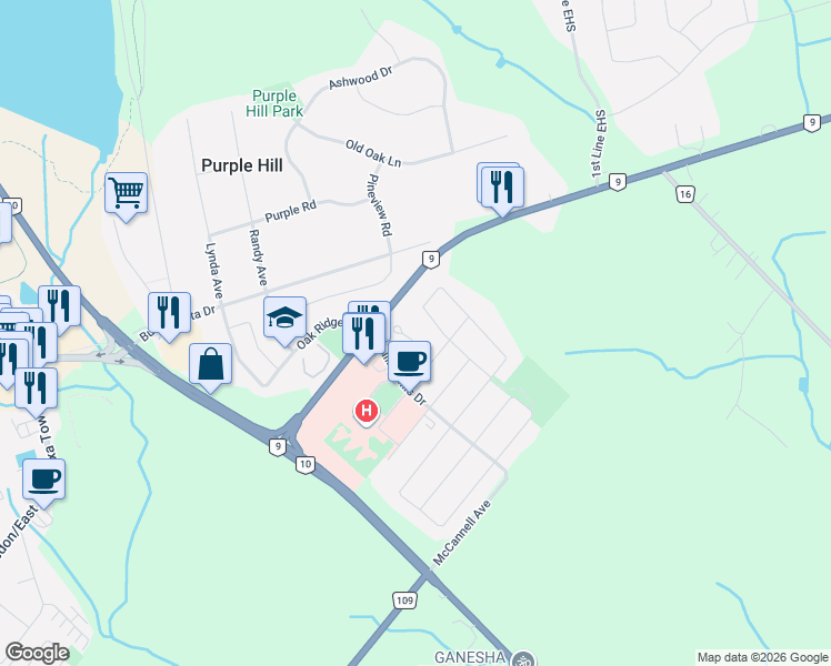 map of restaurants, bars, coffee shops, grocery stores, and more near 24 Murray Court in Orangeville
