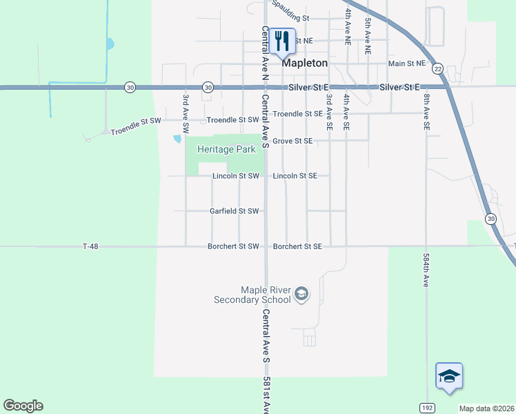 map of restaurants, bars, coffee shops, grocery stores, and more near 405 South Central Avenue in Mapleton