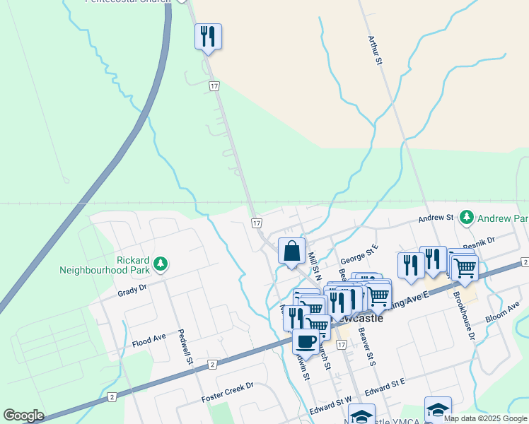 map of restaurants, bars, coffee shops, grocery stores, and more near 396 Mill Street North in Newcastle
