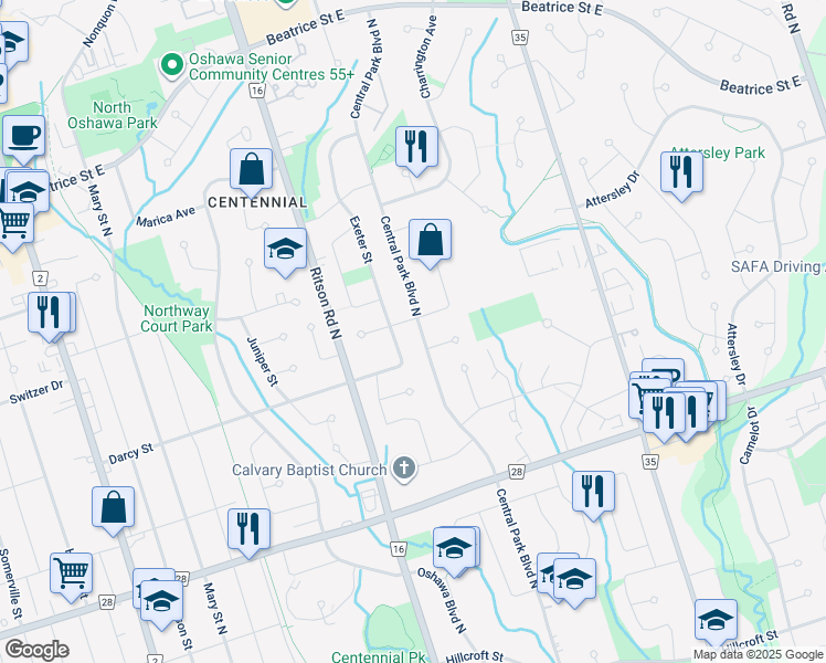 map of restaurants, bars, coffee shops, grocery stores, and more near 390 Carnaby Court in Oshawa