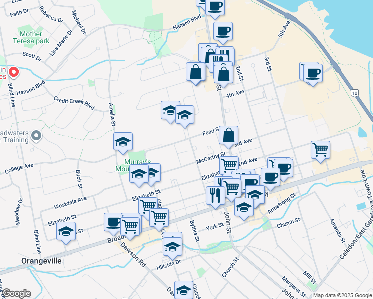 map of restaurants, bars, coffee shops, grocery stores, and more near in Orangeville
