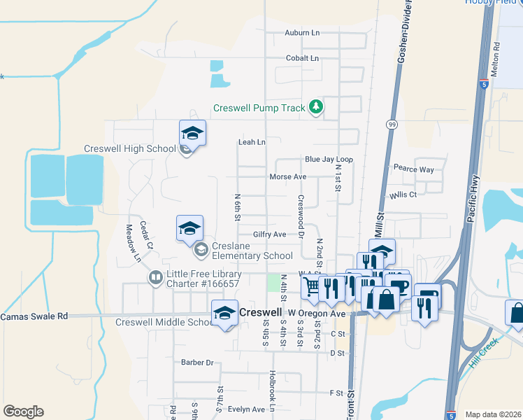 map of restaurants, bars, coffee shops, grocery stores, and more near 628 North 5th Street in Creswell