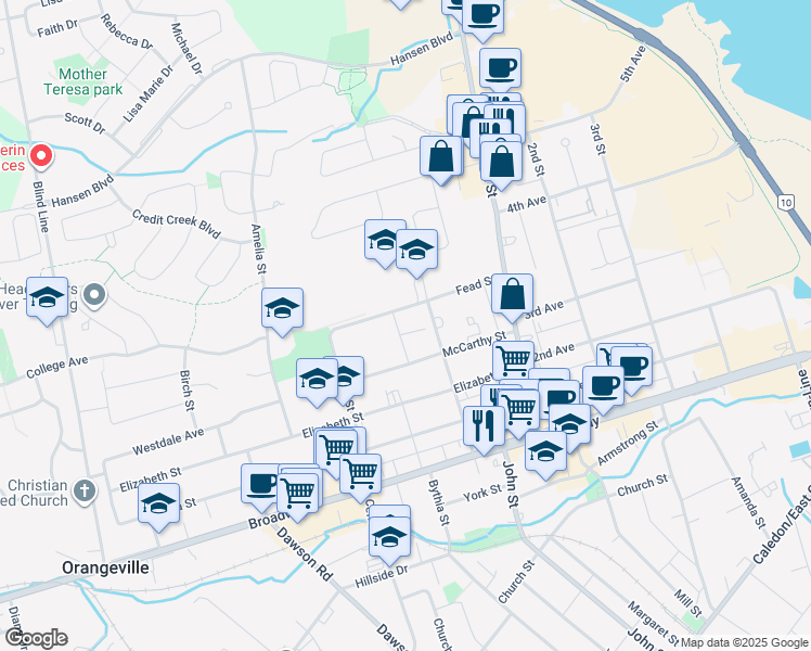 map of restaurants, bars, coffee shops, grocery stores, and more near 11 Matthew Street in Orangeville