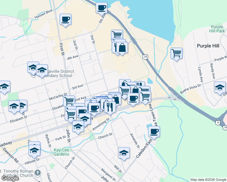 map of restaurants, bars, coffee shops, grocery stores, and more near 50 2nd Avenue in Orangeville