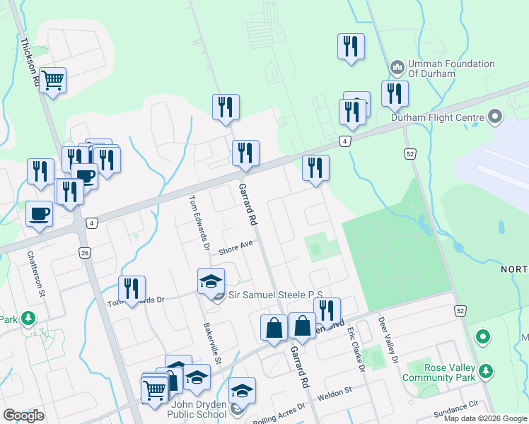 map of restaurants, bars, coffee shops, grocery stores, and more near 100 Bridlewood Boulevard in Whitby