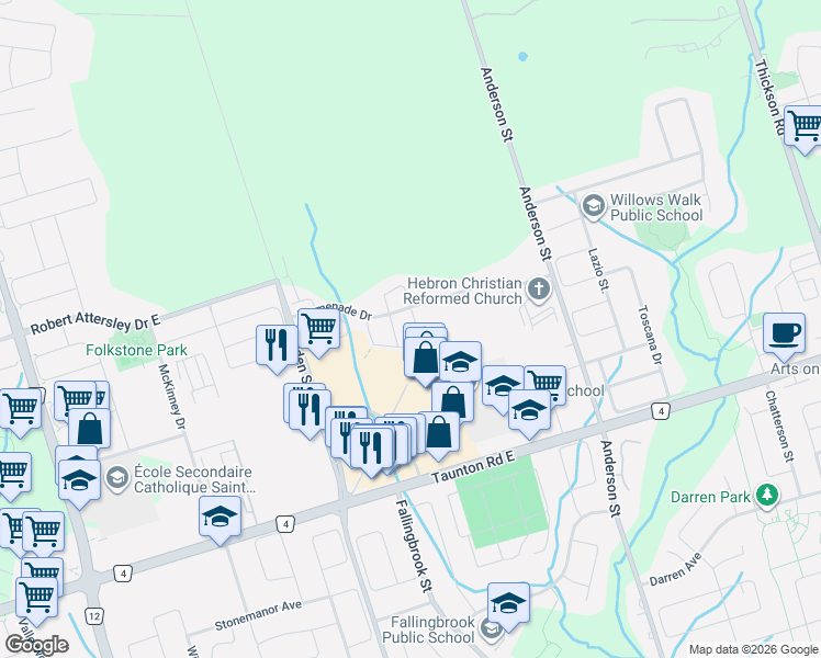 map of restaurants, bars, coffee shops, grocery stores, and more near 12 Mantz Crescent in Whitby