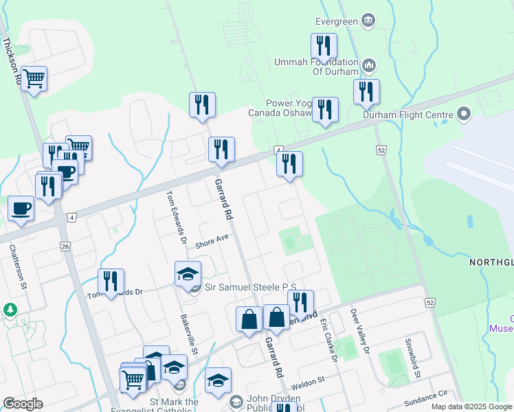 map of restaurants, bars, coffee shops, grocery stores, and more near 34 Charterhouse Drive in Whitby