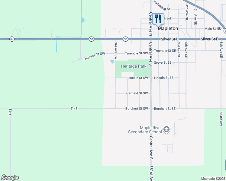 map of restaurants, bars, coffee shops, grocery stores, and more near 410 3rd Avenue Southwest in Mapleton