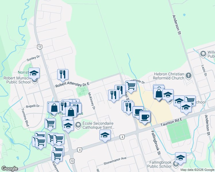 map of restaurants, bars, coffee shops, grocery stores, and more near 91 Robert Attersley Drive East in Whitby
