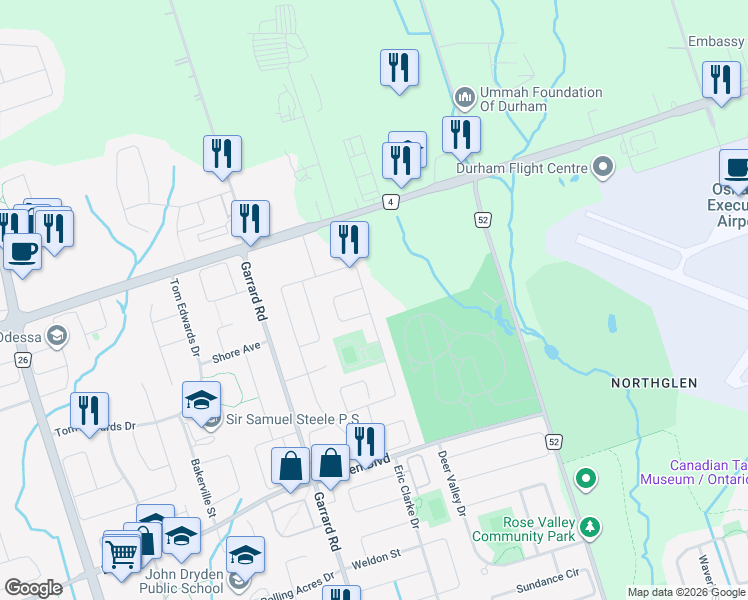 map of restaurants, bars, coffee shops, grocery stores, and more near 105 Lady May Drive in Whitby