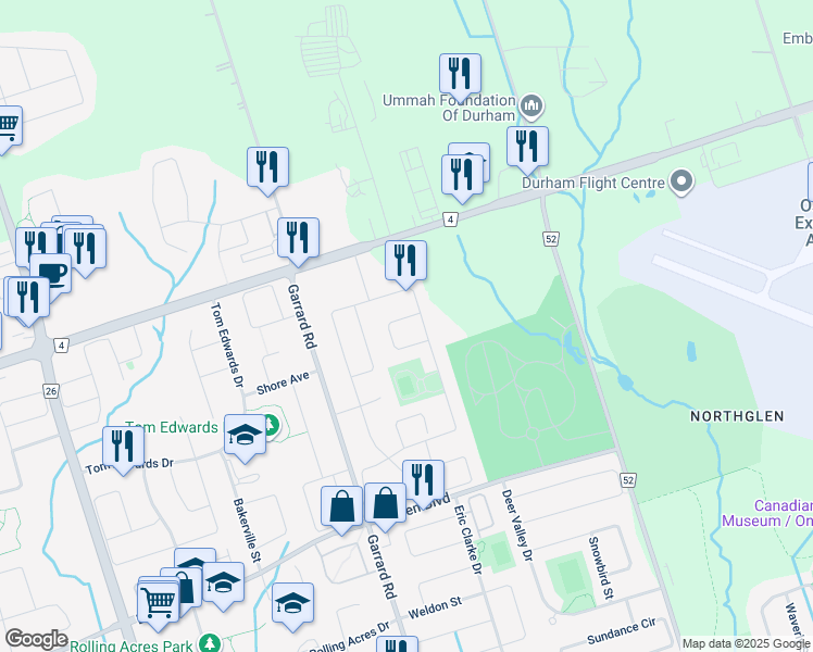 map of restaurants, bars, coffee shops, grocery stores, and more near 120 Lady May Drive in Whitby