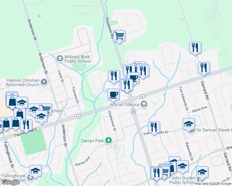map of restaurants, bars, coffee shops, grocery stores, and more near in Whitby