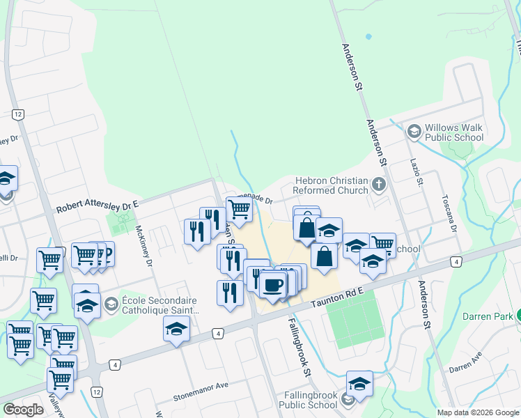 map of restaurants, bars, coffee shops, grocery stores, and more near Promenade Drive in Whitby