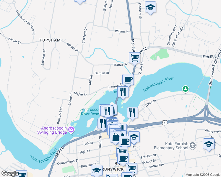 map of restaurants, bars, coffee shops, grocery stores, and more near 27 Summer Street in Topsham