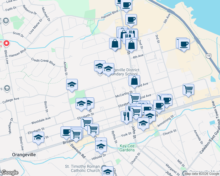 map of restaurants, bars, coffee shops, grocery stores, and more near 18 Faulkner Street in Orangeville
