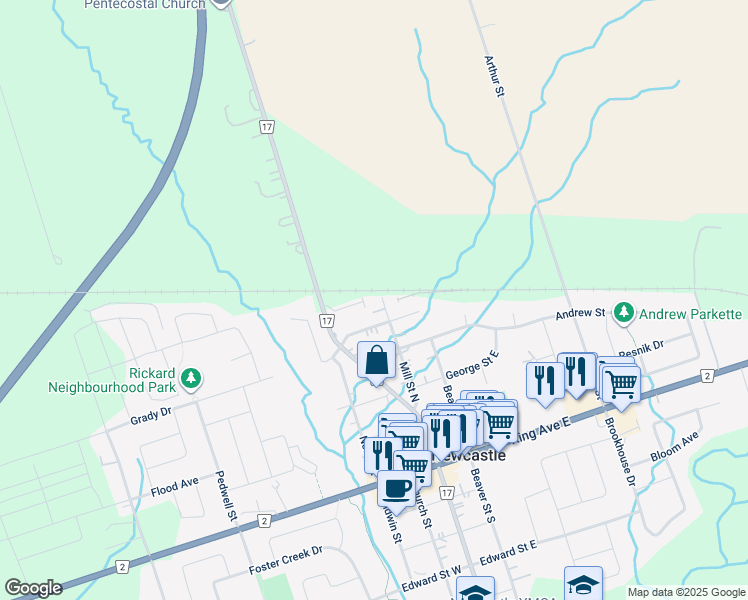map of restaurants, bars, coffee shops, grocery stores, and more near 396 Mill Street North in Newcastle