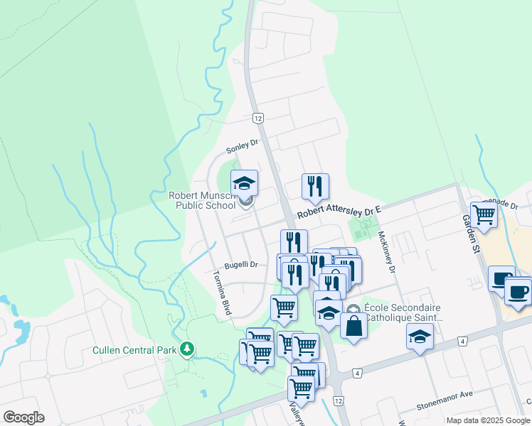map of restaurants, bars, coffee shops, grocery stores, and more near 14 Lurosa Crescent in Whitby