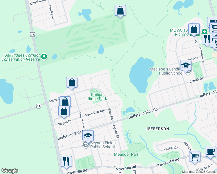 map of restaurants, bars, coffee shops, grocery stores, and more near 27 Philips View Crescent in Richmond Hill