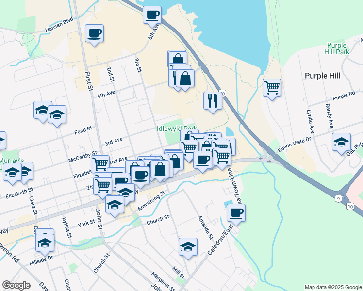 map of restaurants, bars, coffee shops, grocery stores, and more near 60 2nd Avenue in Orangeville