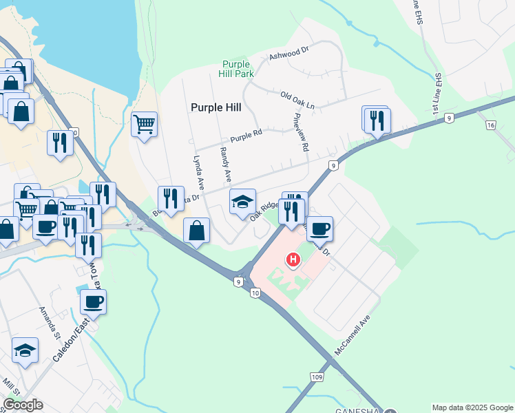 map of restaurants, bars, coffee shops, grocery stores, and more near 3 McMaster Road in Orangeville
