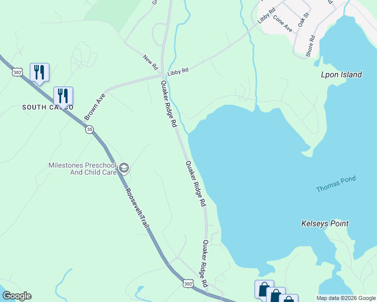 map of restaurants, bars, coffee shops, grocery stores, and more near 836 Quaker Ridge Road in Casco
