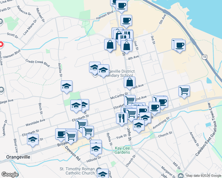 map of restaurants, bars, coffee shops, grocery stores, and more near in Orangeville