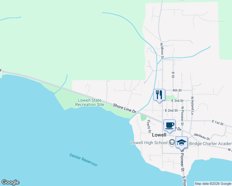 map of restaurants, bars, coffee shops, grocery stores, and more near 375 Marina Vista Drive in Lowell