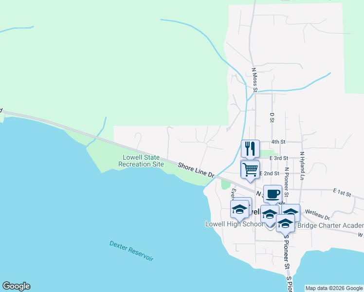 map of restaurants, bars, coffee shops, grocery stores, and more near 375 Marina Vista Drive in Lowell