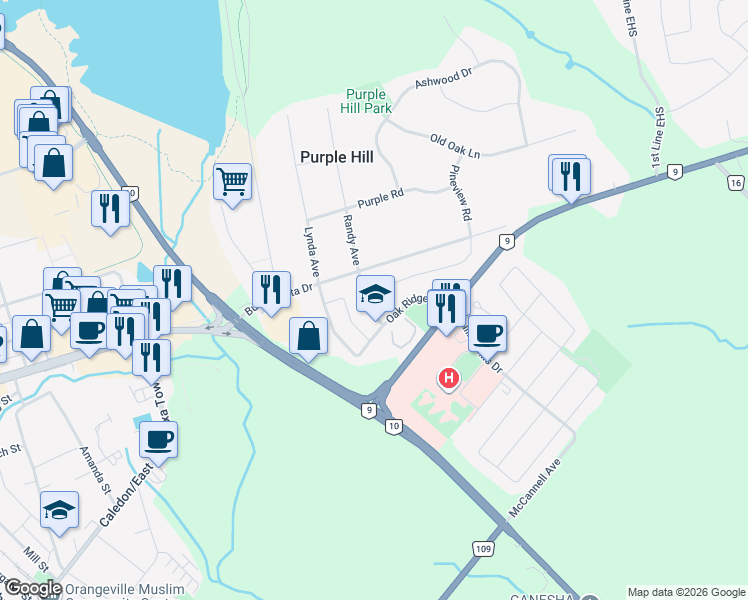 map of restaurants, bars, coffee shops, grocery stores, and more near 15 Clarke Avenue in Orangeville