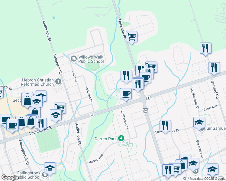 map of restaurants, bars, coffee shops, grocery stores, and more near 167 Rivers Edge Place in Whitby