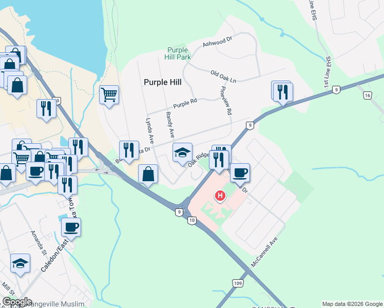 map of restaurants, bars, coffee shops, grocery stores, and more near 5 McMaster Road in Orangeville