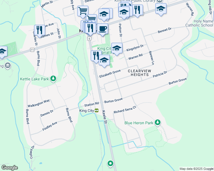 map of restaurants, bars, coffee shops, grocery stores, and more near 35 Clearview Heights in King City