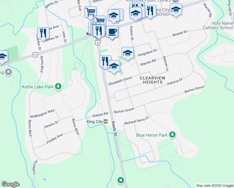 map of restaurants, bars, coffee shops, grocery stores, and more near 35 Clearview Heights in King City