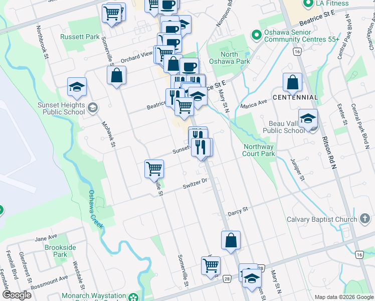 map of restaurants, bars, coffee shops, grocery stores, and more near 29 Sunset Drive in Oshawa